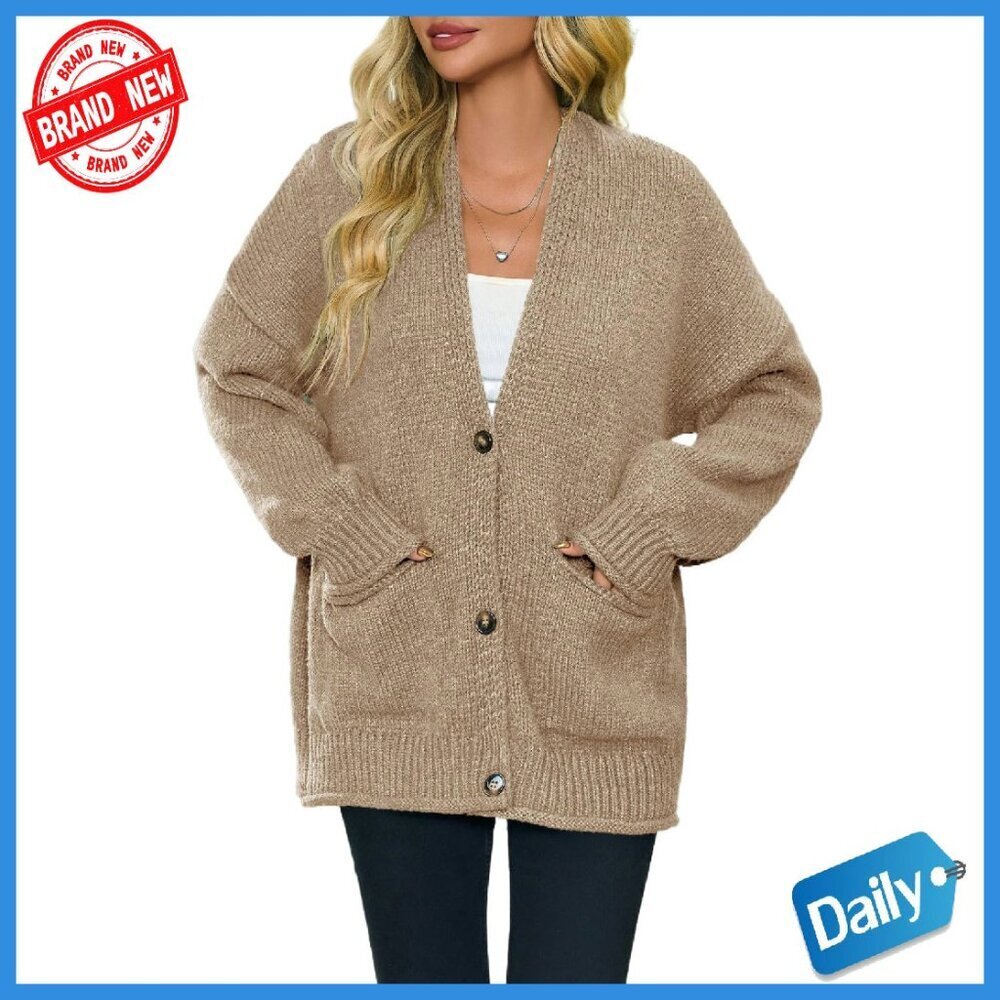 Chunky V-Neck Cardigan Sweater Puff Sleeve Button Down with Pockets
